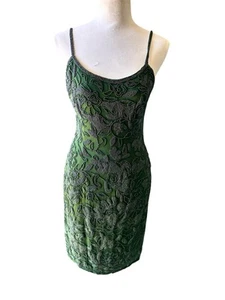 Vtg Oleg Cassini Silk Allover Beaded Hunter Green Slip Dress Formal, Cocktail 6 - Picture 1 of 14