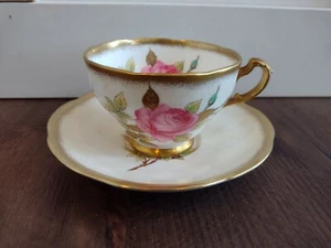 Vintage Antique Adderley Staffordshire Pink Cabbage Rose Gold Teacup and Saucer - Picture 1 of 9