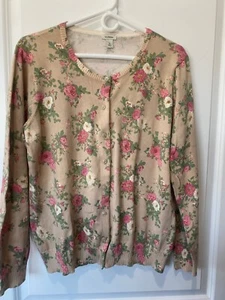 L. L. Bean Size XL Floral Sweater Pink Floral Beige Cardigan CottageCore Modest - Picture 1 of 5