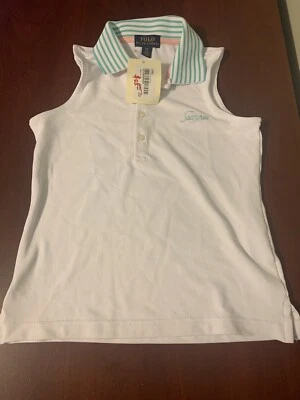 NWT Polo Ralph Lauren Girls small 7 White Sleeveless shirt stripe collar w logo - Image 1 of 4