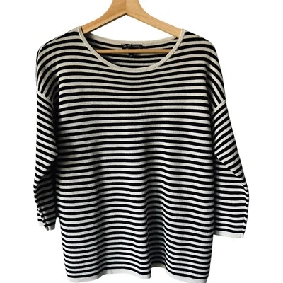 Suéter Náutico Eileen Fisher S Tejido Mezcla Seda Orgánica Negro Blanco Rayas Foto 1 de 4