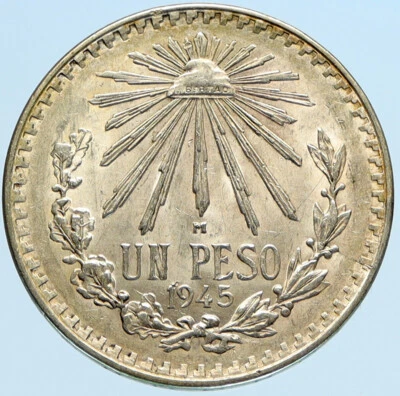 Moneda de 1 peso de plata antigua mexicana gorra libertad águila grande 1945 Mo MÉXICO i97403 Foto 1 de 3