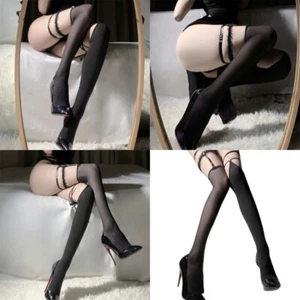 Strappy Legwear Thigh High Stockings with Ruffle Lace Leg Garter Belt for Women - Picture 1 of 9