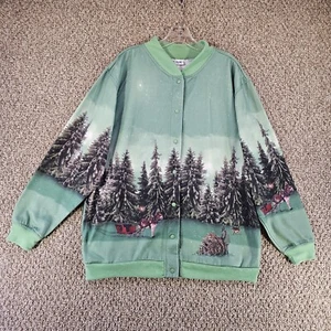 Blair Vintage Fleece Jacket Womens Large Snap Button Christmas Tree Cutting - Picture 1 of 8