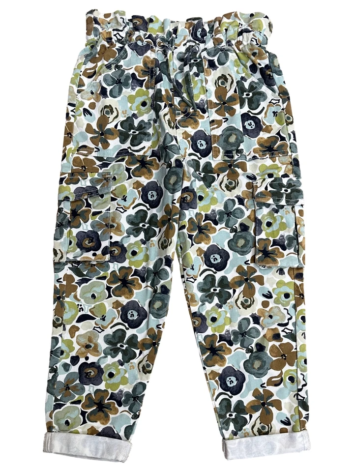 Pantalones cargo bolsa de papel floral de tiro alto verde marrón y azul para niñas Foto 1 de 1