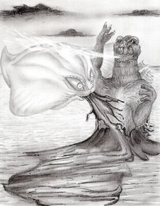 kunstwerk original zapfenzeichnung 11 x 7 GODZILLA VS. THE SMOG MONSTER - Bild 1 von 6