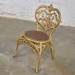 1960-1970 Hollywood Regency Bohemia Oro Acento Silla Acento Con Forma de Corazón Back - Imagen 1 de 23