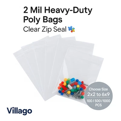 Bolsas con cremallera resellables transparentes de 2 mil de Villago | Poliplástico | 2x2-6x9 | Paquetes a granel Foto 1 de 4
