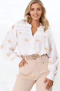 Gigi Blouse - Floral Embroidery Frill Collar Button Down Blouse in White - Picture 1 of 6