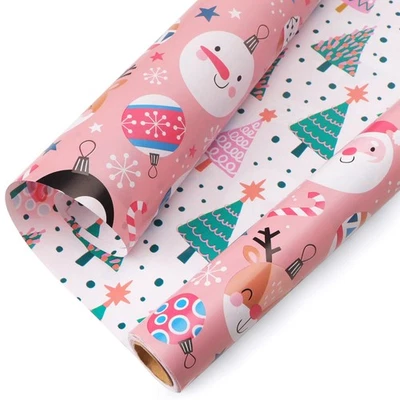 Pink Christmas Wrapping Paper Reversible Cute Christmas elements Gift Wrappin... - Image 1 of 4