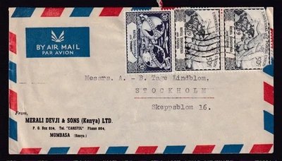 Sobre de correo aéreo británico KUT 1949 franqueo UPU Mombasa a Suecia británico KUT 1 Foto 1 de 2