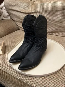 Stivali da cowboy vintage Dingo in pelle nera punta argento slouch western chic rodeo 9 W - Foto 1 di 7