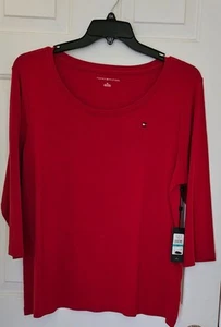 Tommy Hilfiger Women's Boat Neck, Cotton, 3/4 Sleeves, Red Tee, Sz OX(US) NWT. - Picture 1 of 4