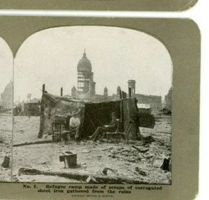 1906 Refugee Camp Scrap Sheet Iron Ruin San Francisco Earthquake Stereoview Z101 - Imagen 1 de 2