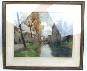 Vtg MCM Artist Nicola Fabricatore Framed Oil Pastel of Italian Bridge Original - Picture 1 of 9