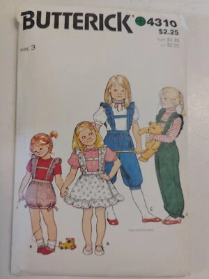 Bib Overalls Jumper Dress Shorts Girls 3 3T Butterick 4310 Sewing Pattern Cut - Image 1 of 4