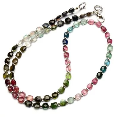Natural Gem Brazil Multi Tourmaline 4mm Faceted Cushion Bead Necklace 20" 54Cts. - Image 1 of 4