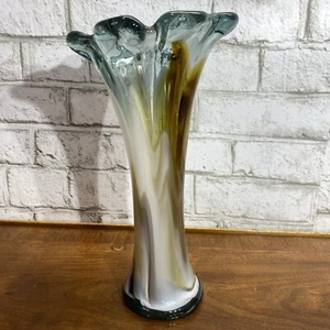 Murano Style Butterscotch Blown Art Glass Vase Caramel White Scallop Top 11" H - Picture 1 of 22