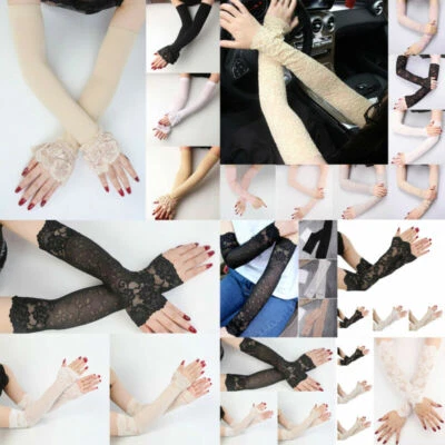 Damen Spitze Arm Abdeckung Handschuhe Elastisch Lang Fingerlos Sonnenschutz US / - Bild 1 von 4