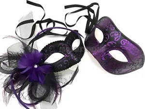 Couple Purple Masquerade Mask Pair Birthday Costume Carnival Mardi Gras Party - Picture 1 of 11