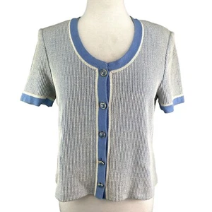 St John Collection Sz 6 Sweater Top Light Blue Cream Gold Marie Gray Short Slvs - Picture 1 of 8