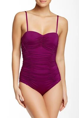 Badgley Mischka BM554 Solid Shirred One Piece Swimsuit Sz 10 Wine - Image 1 of 2