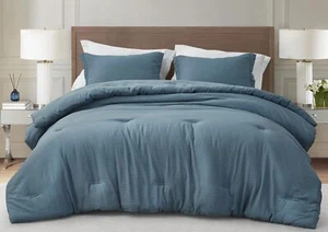 Chezmoi Collection Calvin 3-Piece Jacquard Comforter Set King Size, Blue Text... - Picture 1 of 9