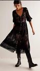 Free People Shadow Dance Maxi Dress Button Lace Floral Nude Slip Black XL NWT