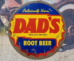 ORIGINAL OLD VINTAGE DAD'S ROOT BEER HEAVY PORCELAIN SODA POP GAS STATION SIGN!