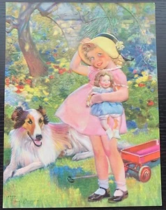 1950'S COLOR LITHO PRINT 4707 EMBOSSED GIRL DOLL DOG WAGON ON GRASS NICE 10X7 EX - Picture 1 of 2