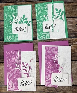 Stampin Up Card Kit Hello 2 Petunia Pop and 2 Shy Shamrock Leaves - 4 Cards - Picture 1 of 3