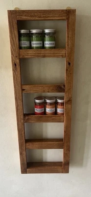 Narrow rustic Herb spice rack wall mounted 5 Tier Solid Reclaimed Wood Organiser - Image 1 of 4