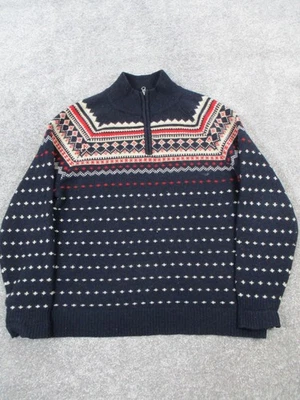 Suéter masculino J.Crew GG azul vermelho branco lã malha Natal quarto de zíper ilha justa  - Imagem 1 de 4