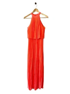 Skies Are Blue Pleated Maxi Dress Sleeveless Neon Orange Halter Neck SMALL 4 6 - Picture 1 of 9