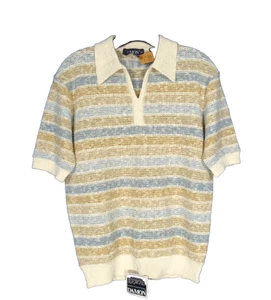 NWT VTG DAMON Beige/Blue STRIPED Short Sleeve COTTAGECORE Knit SWEATER Sz M - Picture 1 of 7