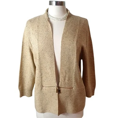 Cárdigan Abierto Ivanka Trump L Beige Tejido Dorado Cremalleras Elegante Moteado Boho Elegante Foto 1 de 4