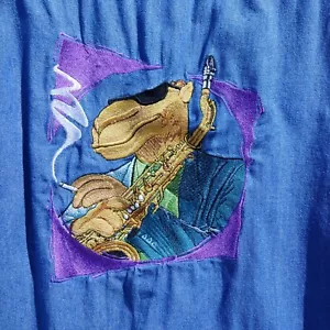 VTG Embroidered Smokin' JOE CAMEL Blue Jean Denim L/S Shirt SZ L SAX Cigarettes - Picture 1 of 7