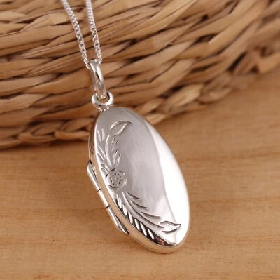 Solid 925 Sterling Silver Flower Oval Photo Locket Pendant Necklace Chain Boxed - Image 1 of 4