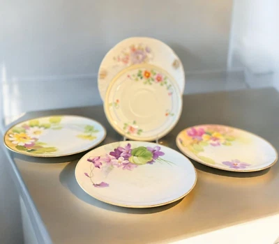 Vintage Japan Nippon Hand Painted Floral Sm Plates Purple Lot of 5 Tea Party - Image 1 of 4