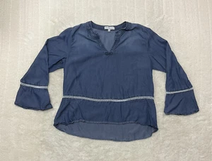 Kim Roges Womens Size XL Blue Chambray Blouse Long Bell Sleeve V Neck  - Picture 1 of 8