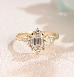 Emerald Cut Cluster Lab Grown Diamond Engagement Ring 18k Solid Gold Wedding - Picture 1 of 10