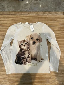 H & M long sleeve, Girl T-shirt Cat And Dog, Size 6-8 Y - Picture 1 of 8