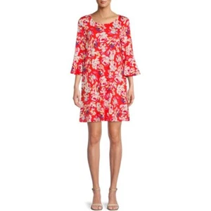 The Pioneer Woman Ruffle Knit Dress, with 3/4 Sleeves, Capri Red, Large 12-14 - Picture 1 of 5