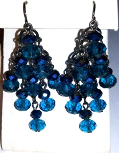 Vintage Faceted Multi Strand Colorful Blue Crystal Dangling Earrings - Picture 1 of 7