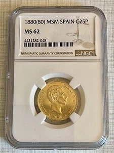 Spain 1880 MSM 25 Pesetas Gold NGC MS62 Sku# 4311 - Picture 1 of 2