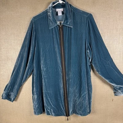 Camisa Chaqueta Soft Surroundings Azul Seda Terciopelo Manga Larga Cremallera Talla Mediana Foto 1 de 4