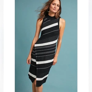 Anthropologie M Moth Velda Asymmetrical Stripe Black White knit Dress mock neck - Picture 1 of 9