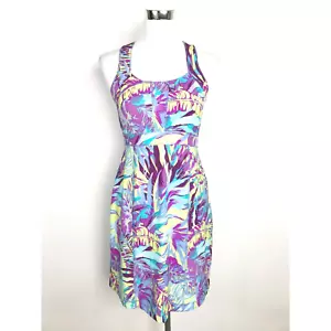 Title Nine Dress Womens 2 Purple Blue Floral Leaf Print Tank Padded Bra Tropical - Picture 1 of 15