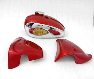 BSA A65 2 Gallon Cherry & Chrome Steel Petrol Tank + Side Panel + Badge + Cap - Picture 1 of 18