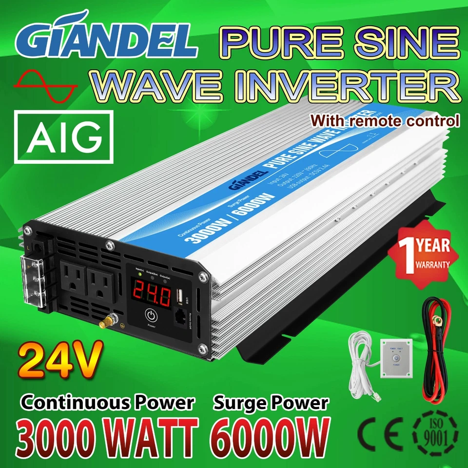 Inversor de Potencia Sinusoidal Pure 3000W 24V a 110V-120V EE. UU. Transistor Control Remoto de 4,5 m de Largo Foto 1 de 4